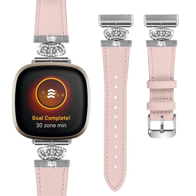 For Fitbit Versa 4 / Sense 2 Silver Buckle Genuine Cow Leather Crown Rhinestone Watch Strap - Pink