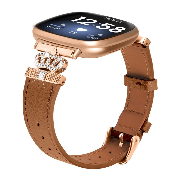 For Fitbit Versa 4 / Sense 2 Smooth Genuine Cow Leather Rhinestone Watch Strap (Rose Gold Buckle) - Brown