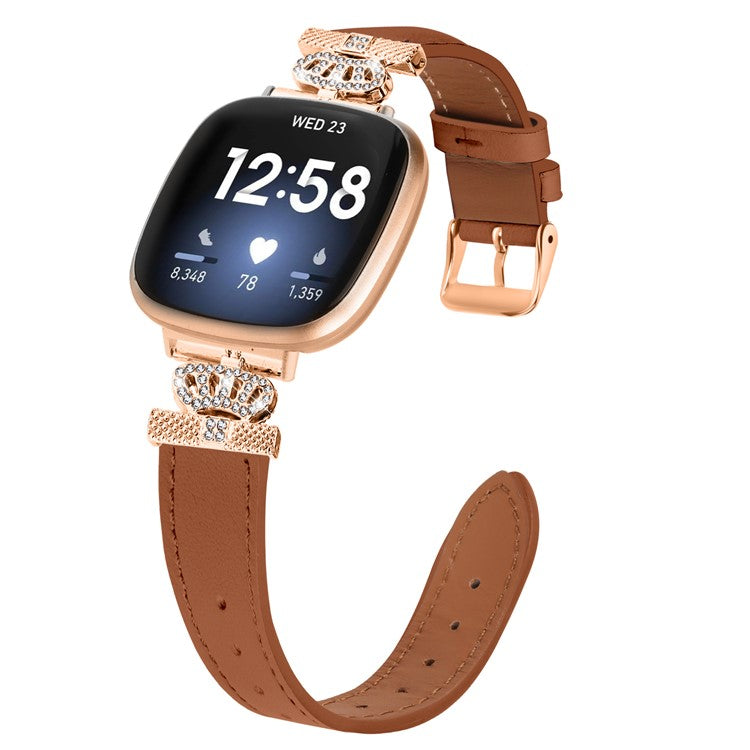 For Fitbit Versa 4 / Sense 2 Smooth Genuine Cow Leather Rhinestone Watch Strap (Rose Gold Buckle) - Brown