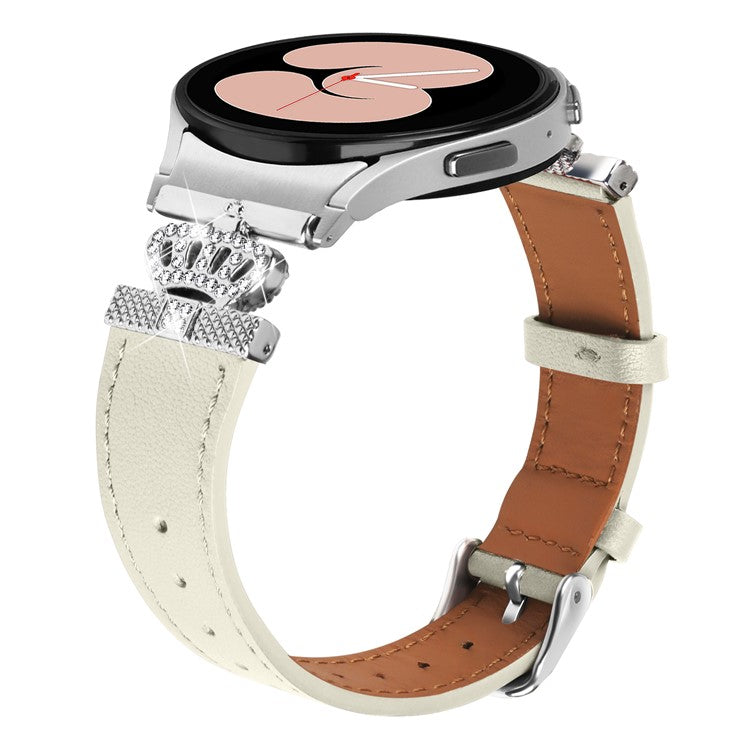 For Samsung Galaxy Watch FE 40mm / Watch4 Active Classic / Watch 5 Pro Genuine Cow Leather Smart Watch Strap (Silver Buckle) - Beige