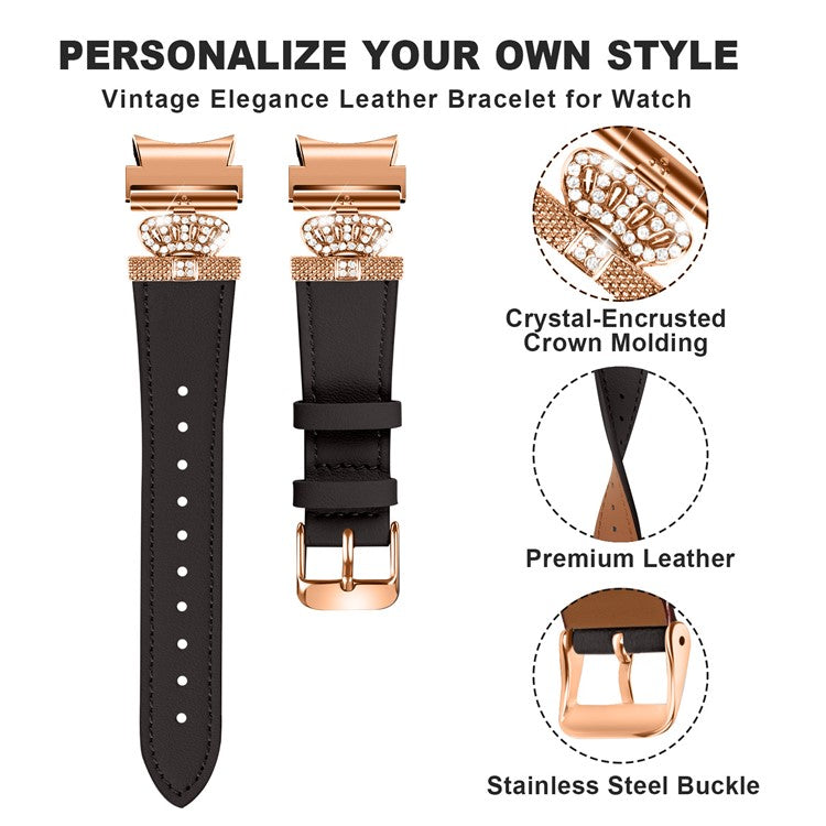 Smart Watch Strap for Samsung Galaxy Watch4 / Watch 5 Genuine Cow Leather Band (Rose Gold Buckle) - Black