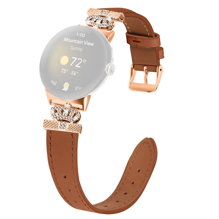 For Google Pixel Watch Rhinestone Genuine Cow Leather Wrist Band Strap (Rose Gold Buckle) - Brown