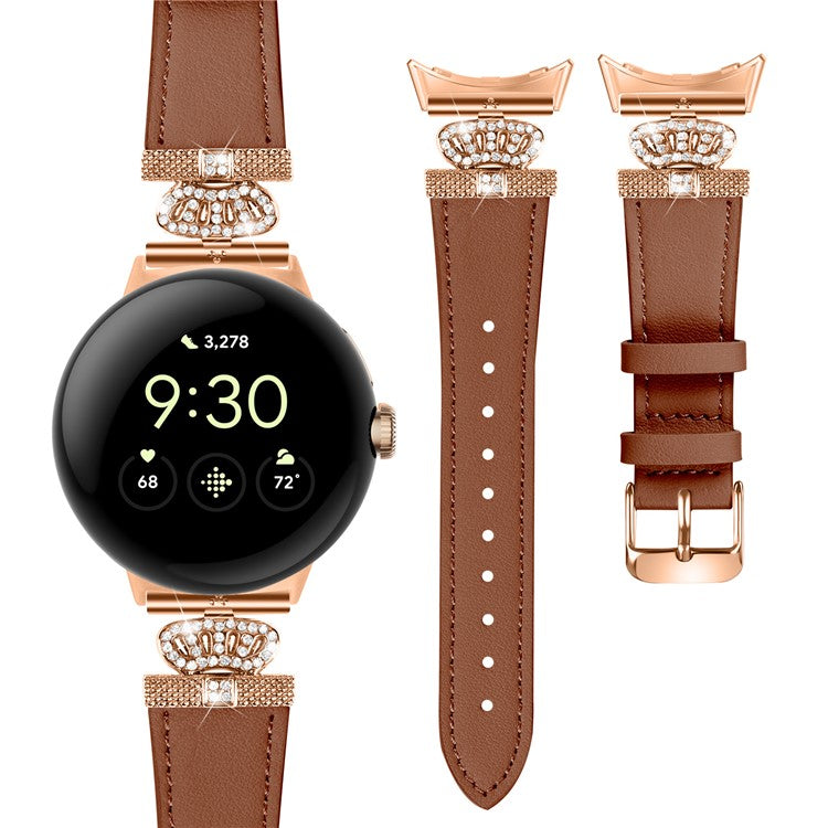 For Google Pixel Watch Rhinestone Genuine Cow Leather Wrist Band Strap (Rose Gold Buckle) - Brown