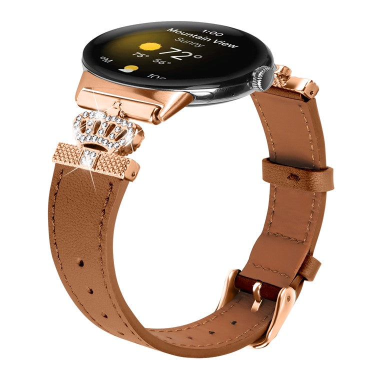 For Google Pixel Watch Rhinestone Genuine Cow Leather Wrist Band Strap (Rose Gold Buckle) - Brown