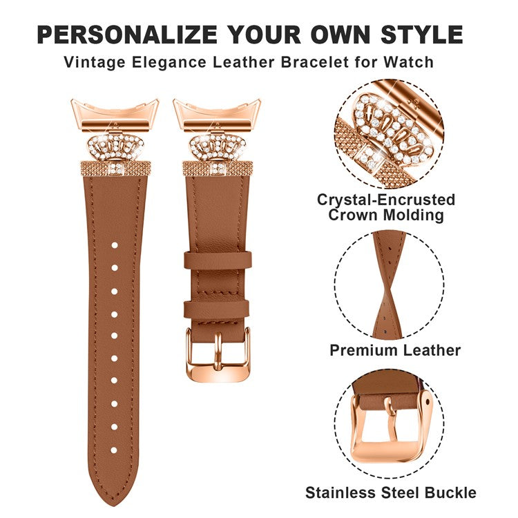 For Google Pixel Watch Rhinestone Genuine Cow Leather Wrist Band Strap (Rose Gold Buckle) - Brown