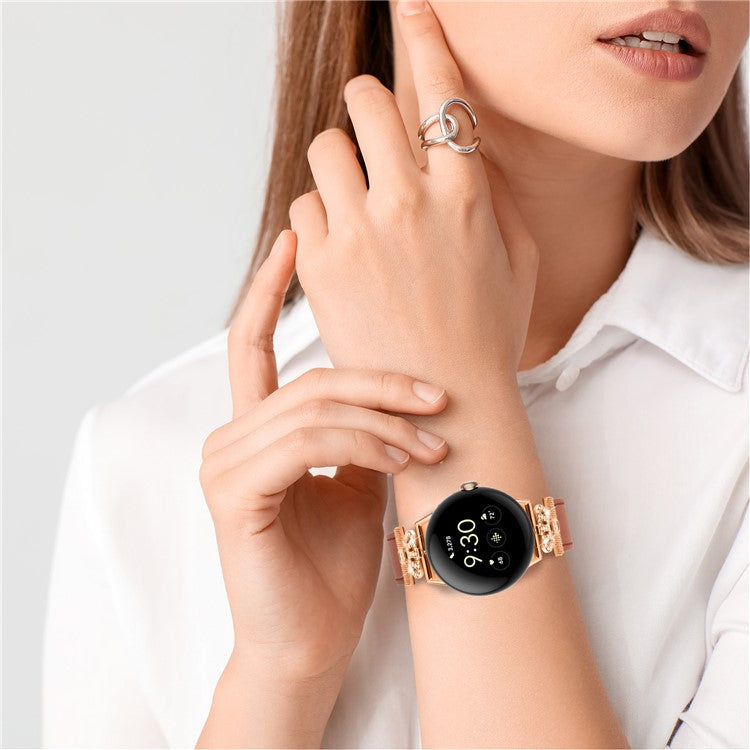 For Google Pixel Watch Rhinestone Genuine Cow Leather Wrist Band Strap (Rose Gold Buckle) - Brown