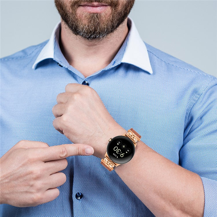 For Google Pixel Watch Rhinestone Genuine Cow Leather Wrist Band Strap (Rose Gold Buckle) - Brown