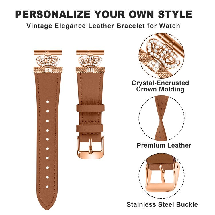 For Huami Amazfit Youth Edition 20mm Cowhide Replacement Band Crown Design Strap with Rose Gold Buckle - Brown