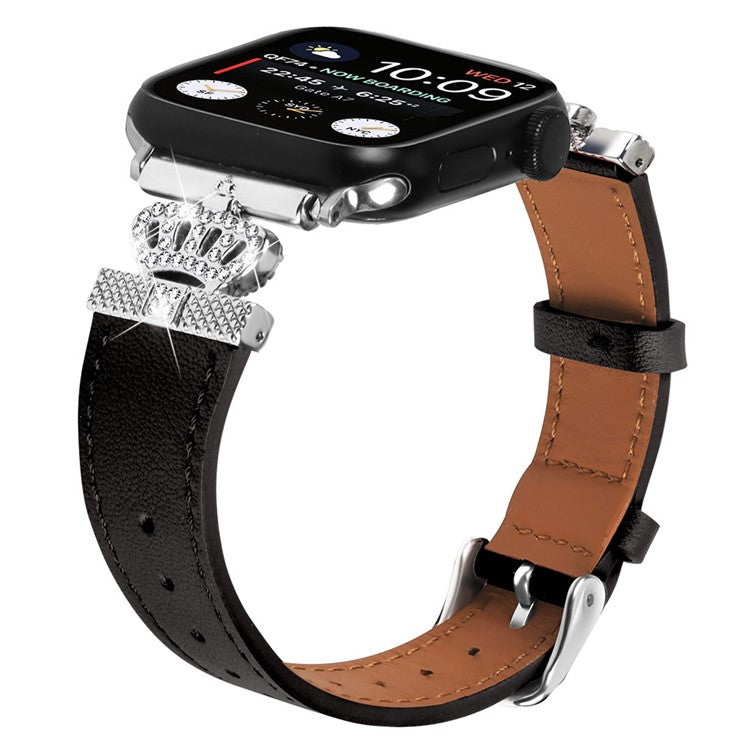 Leather Strap for Apple Watch 10 46mm / Ultra 2 / Ultra 49mm / 9 8 7 45mm / SE (2023) SE (2022) SE 6 5 4 44mm / 3 2 1 42mm with Silver Buckle - Black