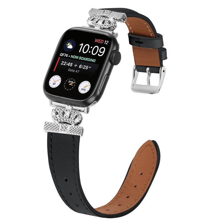 Leather Strap for Apple Watch 10 46mm / Ultra 2 / Ultra 49mm / 9 8 7 45mm / SE (2023) SE (2022) SE 6 5 4 44mm / 3 2 1 42mm with Silver Buckle - Black