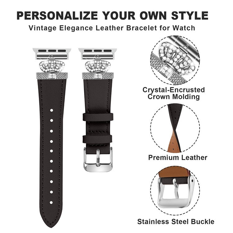 Leather Strap for Apple Watch 10 46mm / Ultra 2 / Ultra 49mm / 9 8 7 45mm / SE (2023) SE (2022) SE 6 5 4 44mm / 3 2 1 42mm with Silver Buckle - Black