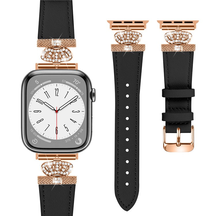 For Apple Watch 10 46mm / Ultra 2 / Ultra 49mm / 9 8 7 45mm / SE (2023) SE (2022) SE 6 5 4 44mm / 3 2 1 42mm Leather Strap with Rose Gold Buckle - Black