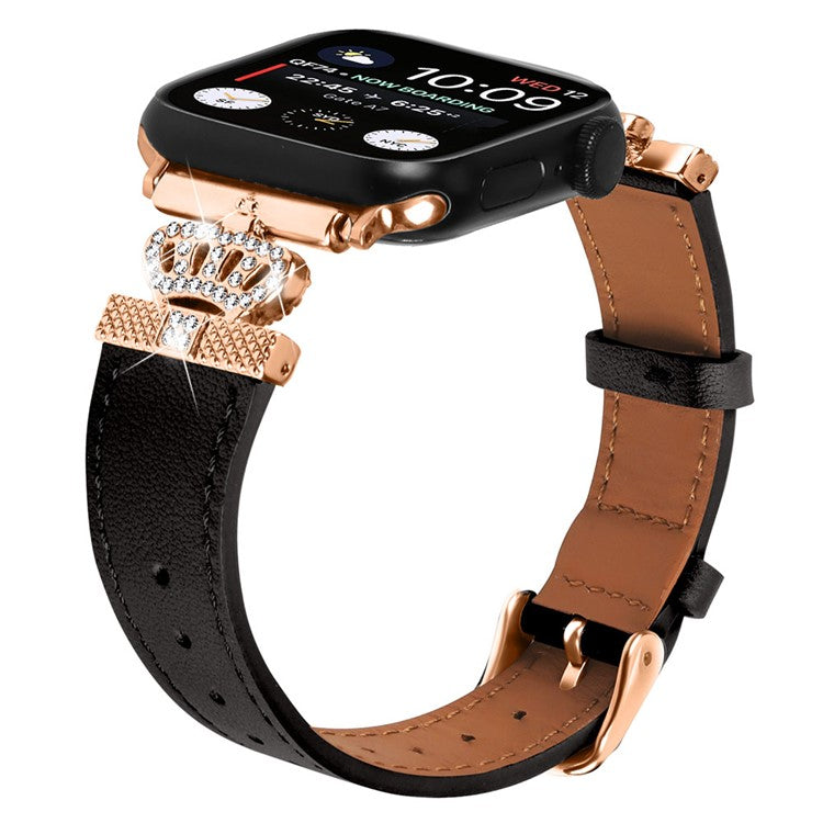 For Apple Watch 10 46mm / Ultra 2 / Ultra 49mm / 9 8 7 45mm / SE (2023) SE (2022) SE 6 5 4 44mm / 3 2 1 42mm Leather Strap with Rose Gold Buckle - Black