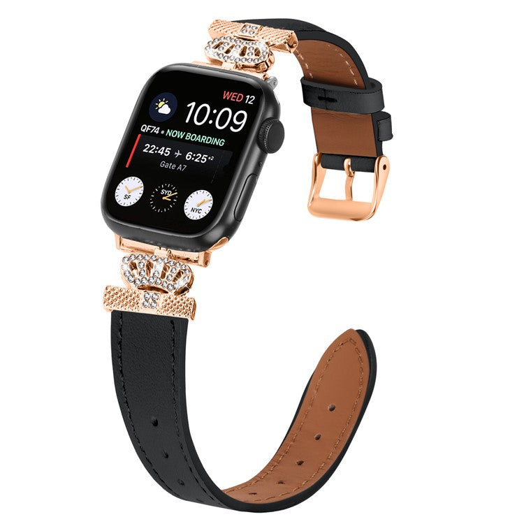 For Apple Watch 10 46mm / Ultra 2 / Ultra 49mm / 9 8 7 45mm / SE (2023) SE (2022) SE 6 5 4 44mm / 3 2 1 42mm Leather Strap with Rose Gold Buckle - Black