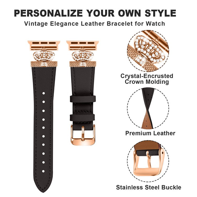 For Apple Watch 10 46mm / Ultra 2 / Ultra 49mm / 9 8 7 45mm / SE (2023) SE (2022) SE 6 5 4 44mm / 3 2 1 42mm Leather Strap with Rose Gold Buckle - Black