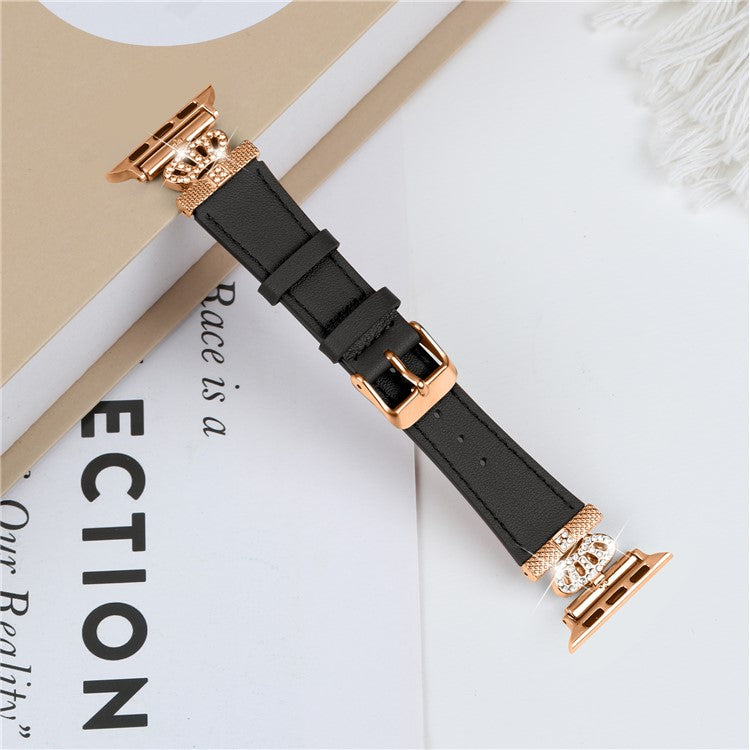 For Apple Watch 10 46mm / Ultra 2 / Ultra 49mm / 9 8 7 45mm / SE (2023) SE (2022) SE 6 5 4 44mm / 3 2 1 42mm Leather Strap with Rose Gold Buckle - Black