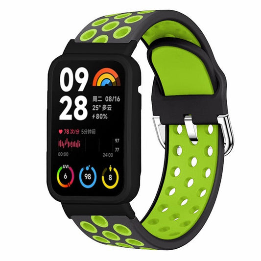 For Xiaomi Smart Band 8 Pro Silicone Watch Bands Replacement Strap with Watch Case - Black+Green