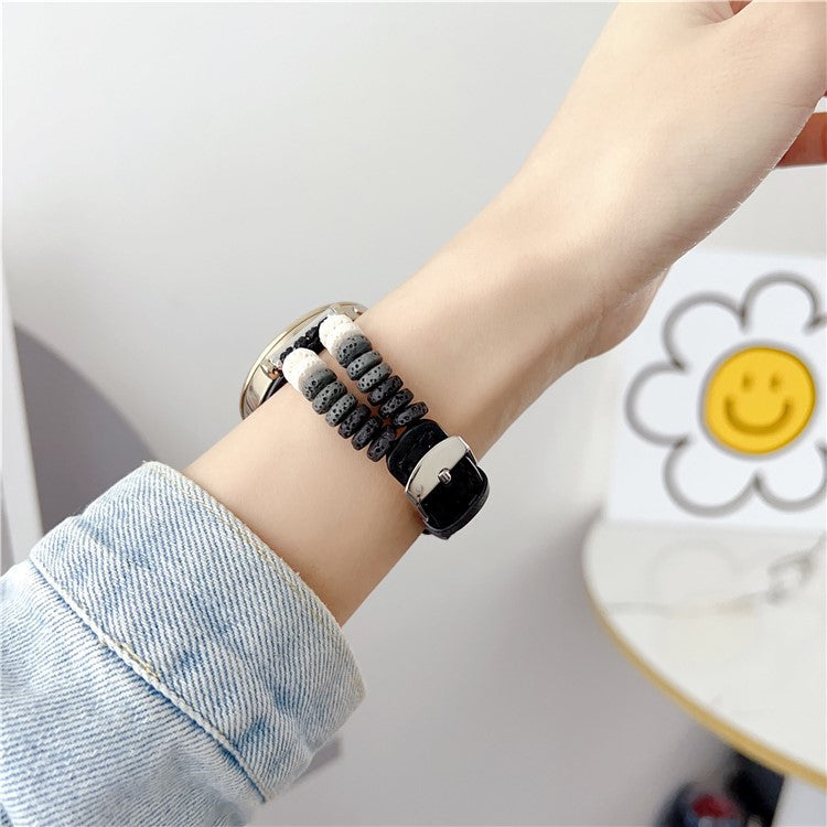 For Huawei Watch GT 4 41mm / Garmin Venu 3S 18mm Leather Watch Strap Volcanic Rock Beads Band - Black