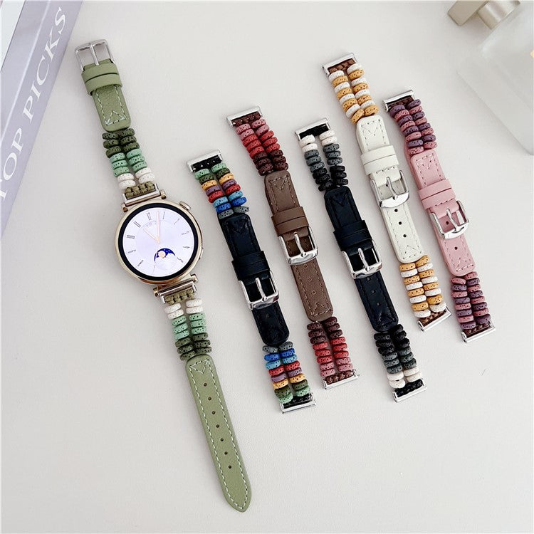 For Huawei Watch GT 4 41mm / Garmin Venu 3S 18mm Leather Watch Strap Volcanic Rock Beads Band - Black