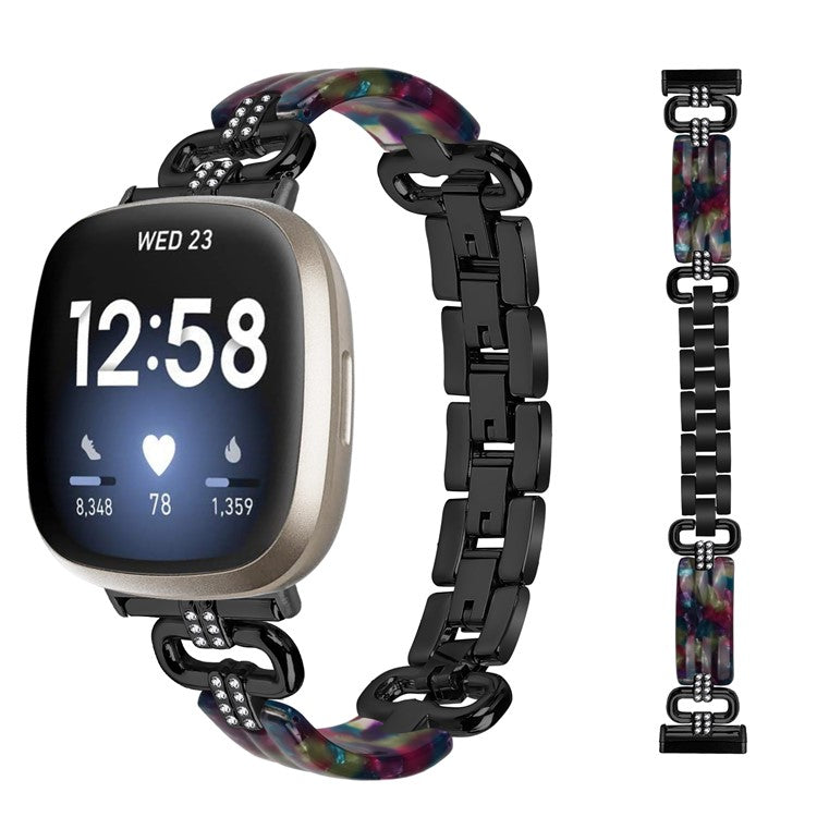 For Fitbit Versa 4 / Sense 2 Smartwatch Band Resin+Rhinestone Strap - Black