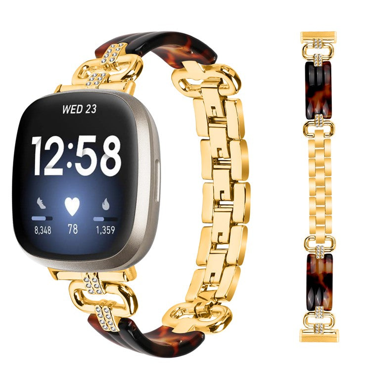 For Fitbit Versa 4 / Sense 2 Smartwatch Band Resin+Rhinestone Strap - Gold+Black