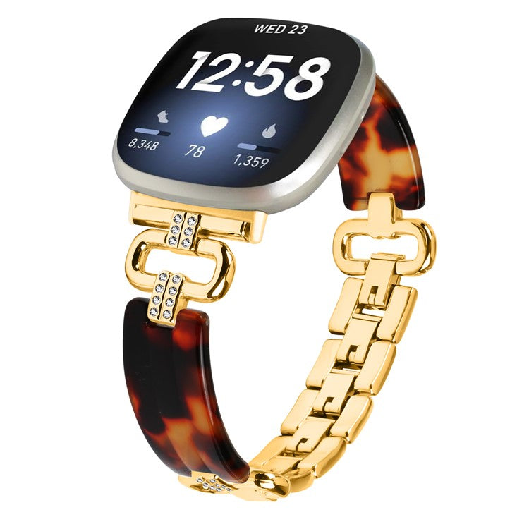 For Fitbit Versa 4 / Sense 2 Smartwatch Band Resin+Rhinestone Strap - Gold+Black