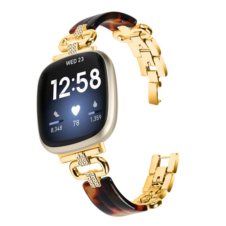 For Fitbit Versa 4 / Sense 2 Smartwatch Band Resin+Rhinestone Strap - Gold+Black