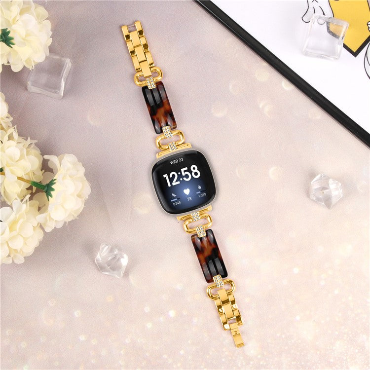 For Fitbit Versa 4 / Sense 2 Smartwatch Band Resin+Rhinestone Strap - Gold+Black