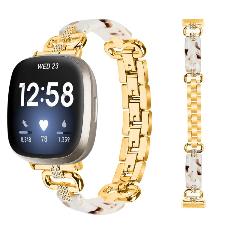 For Fitbit Versa 4 / Sense 2 Smartwatch Band Resin+Rhinestone Strap - Gold+White