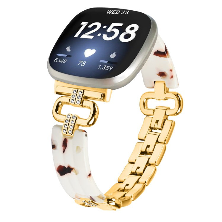 For Fitbit Versa 4 / Sense 2 Smartwatch Band Resin+Rhinestone Strap - Gold+White