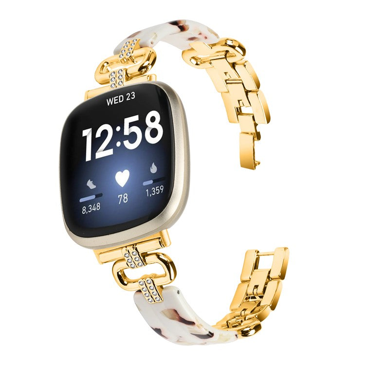 For Fitbit Versa 4 / Sense 2 Smartwatch Band Resin+Rhinestone Strap - Gold+White