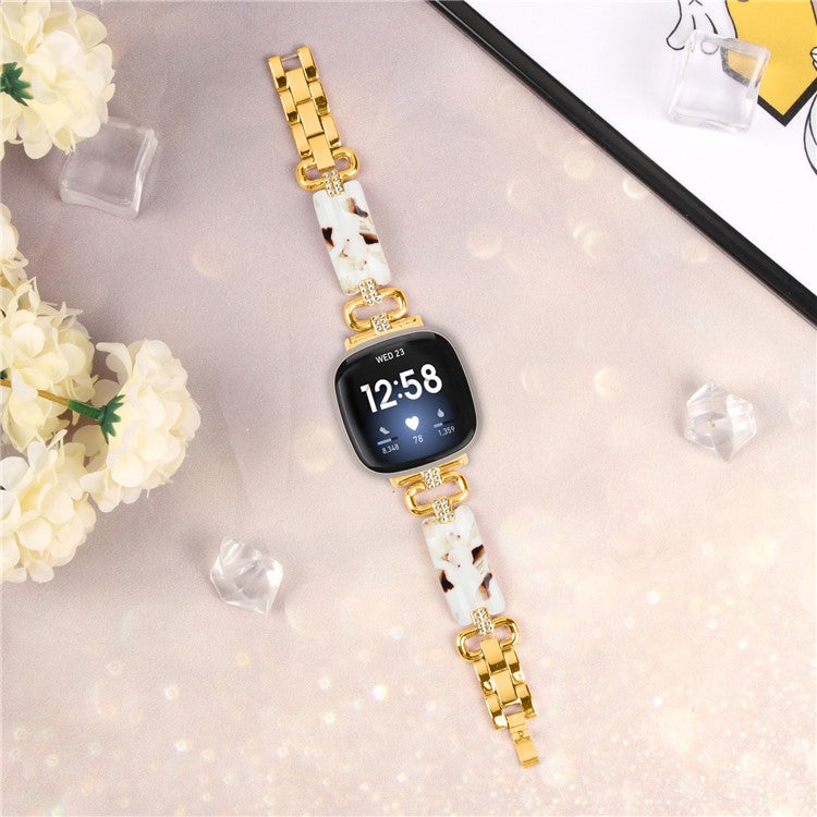 For Fitbit Versa 4 / Sense 2 Smartwatch Band Resin+Rhinestone Strap - Gold+White