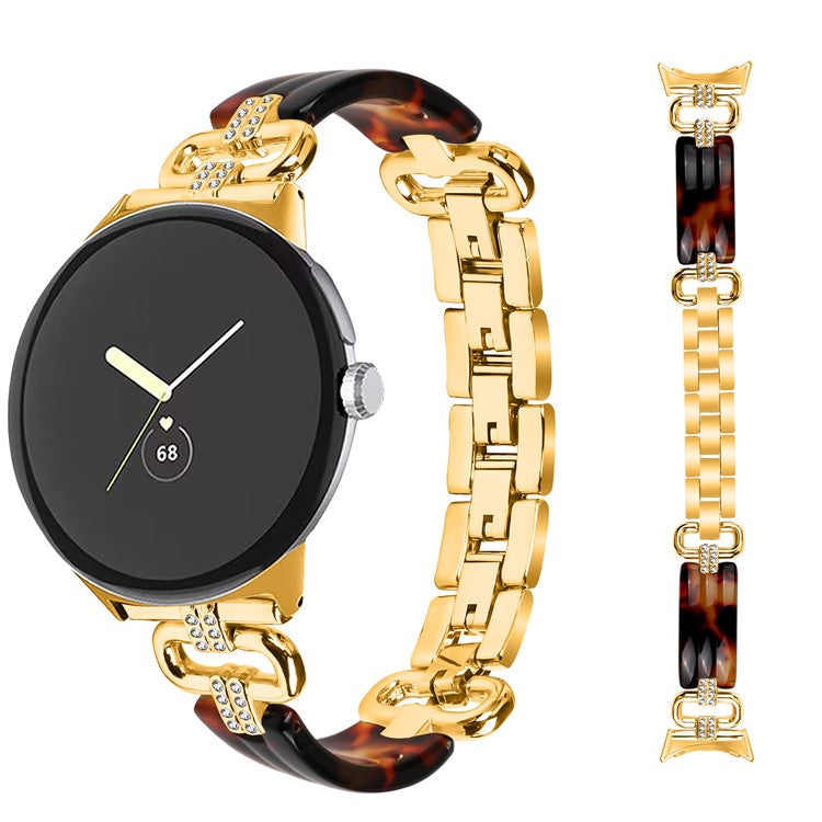 For Google Pixel Watch Bracelet Strap Resin+Rhinestone Watch Band - Gold+Black