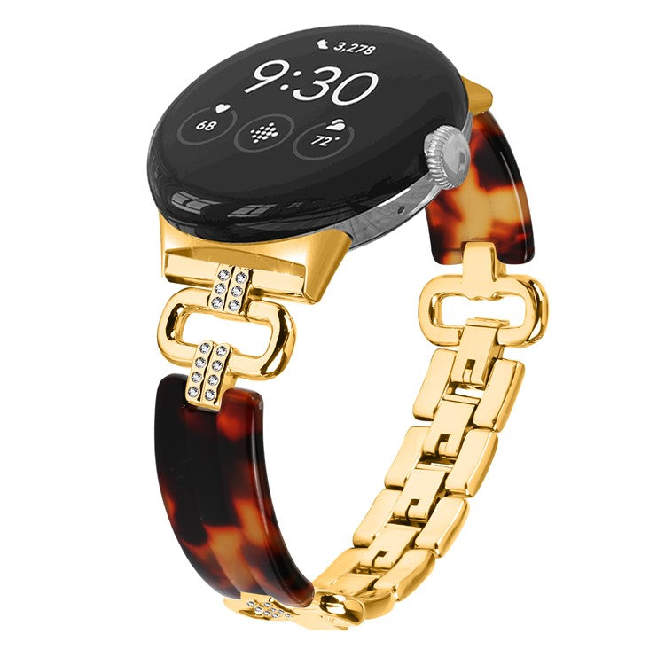 For Google Pixel Watch Bracelet Strap Resin+Rhinestone Watch Band - Gold+Black