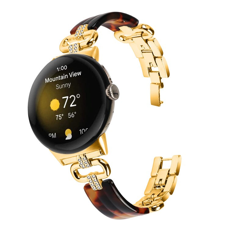 For Google Pixel Watch Bracelet Strap Resin+Rhinestone Watch Band - Gold+Black