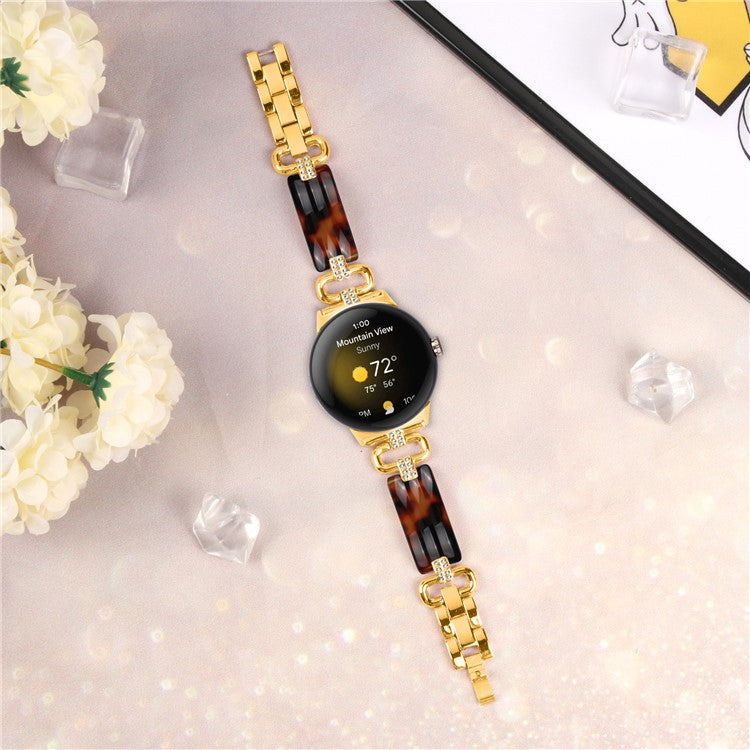 For Google Pixel Watch Bracelet Strap Resin+Rhinestone Watch Band - Gold+Black