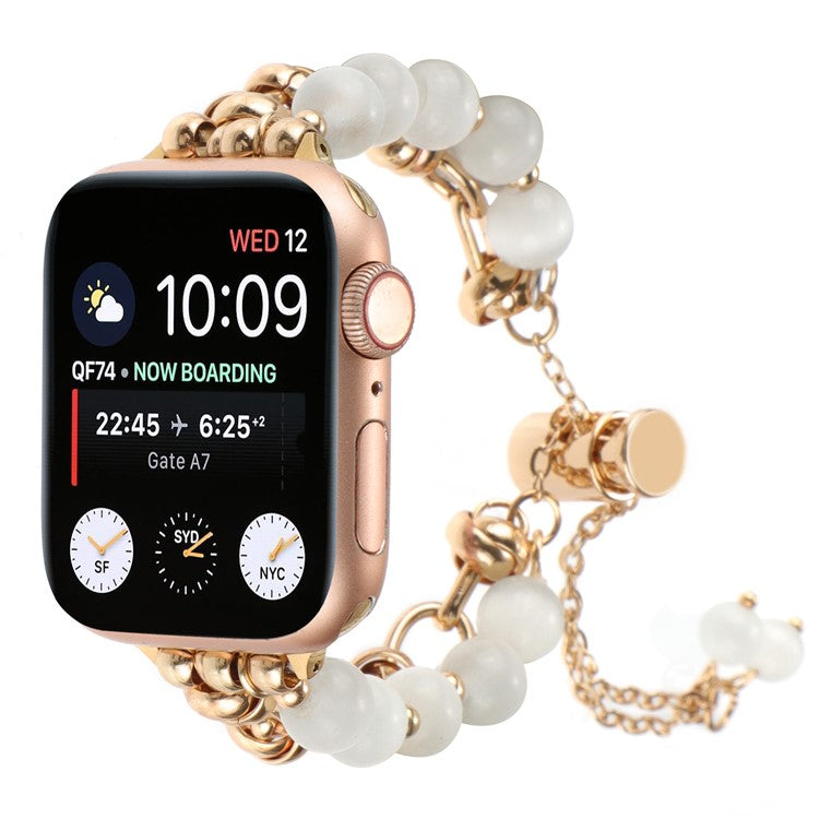 For Apple Watch 10 46mm / Ultra 2 / Ultra 49mm / 9 8 7 45mm / SE (2023) SE (2022) SE 6 5 4 44mm / 3 2 1 42mm Pearls Watch Band - White Pearl / Gold