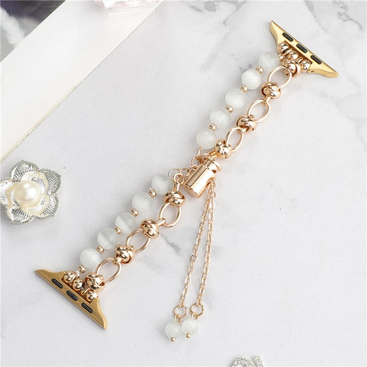 For Apple Watch 10 46mm / Ultra 2 / Ultra 49mm / 9 8 7 45mm / SE (2023) SE (2022) SE 6 5 4 44mm / 3 2 1 42mm Pearls Watch Band - White Pearl / Gold