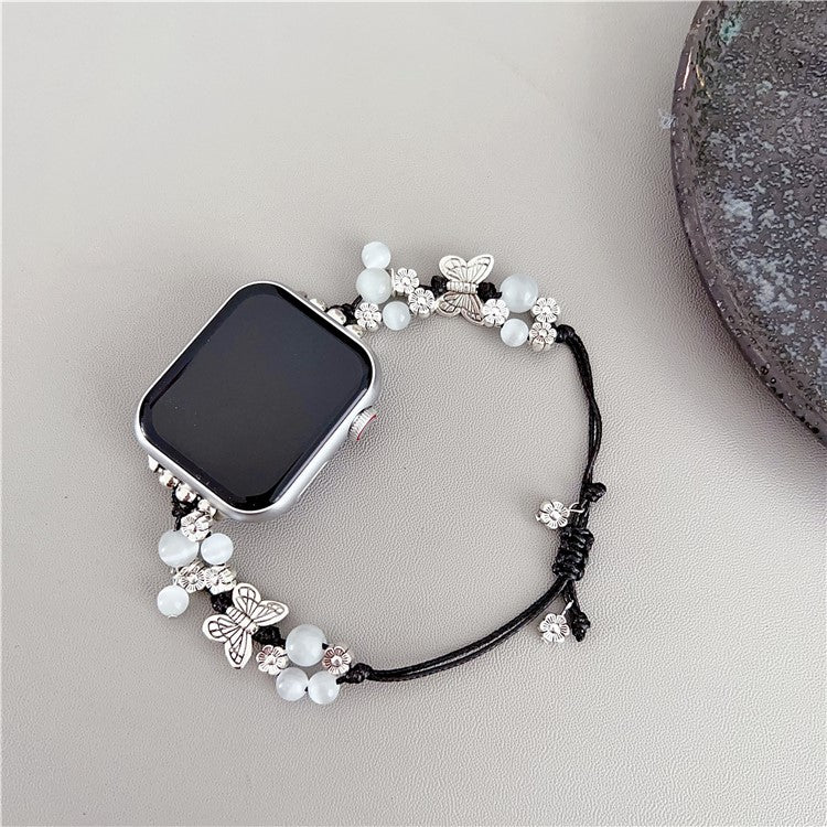 Butterfly Decor Beaded Bracelet for Apple Watch 10 46mm / Ultra 2 / Ultra 49mm / 9 8 7 45mm / SE (2023) SE (2022) SE 6 5 4 44mm / 3 2 1 42mm Watch Band - Black