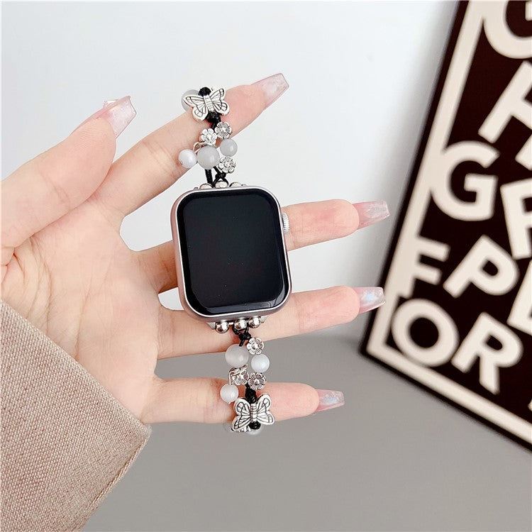 Butterfly Decor Beaded Bracelet for Apple Watch 10 46mm / Ultra 2 / Ultra 49mm / 9 8 7 45mm / SE (2023) SE (2022) SE 6 5 4 44mm / 3 2 1 42mm Watch Band - Black