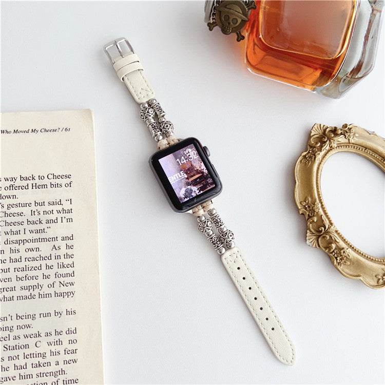 For Apple Watch Series 10 42mm / 9 8 7 41mm / SE (2023) SE (2022) SE 6 5 4 40mm / 3 2 1 38mm Leather Watch Band Beads Strap - White