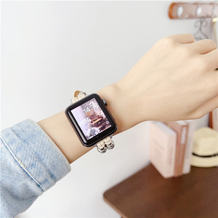 For Apple Watch Series 10 42mm / 9 8 7 41mm / SE (2023) SE (2022) SE 6 5 4 40mm / 3 2 1 38mm Leather Watch Band Beads Strap - White