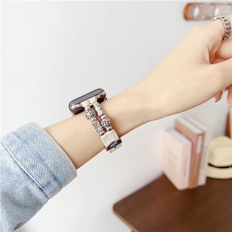 For Apple Watch Series 10 42mm / 9 8 7 41mm / SE (2023) SE (2022) SE 6 5 4 40mm / 3 2 1 38mm Leather Watch Band Beads Strap - White