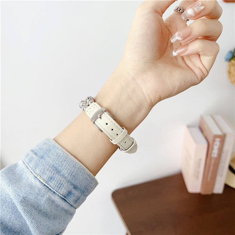 For Apple Watch Series 10 42mm / 9 8 7 41mm / SE (2023) SE (2022) SE 6 5 4 40mm / 3 2 1 38mm Leather Watch Band Beads Strap - White