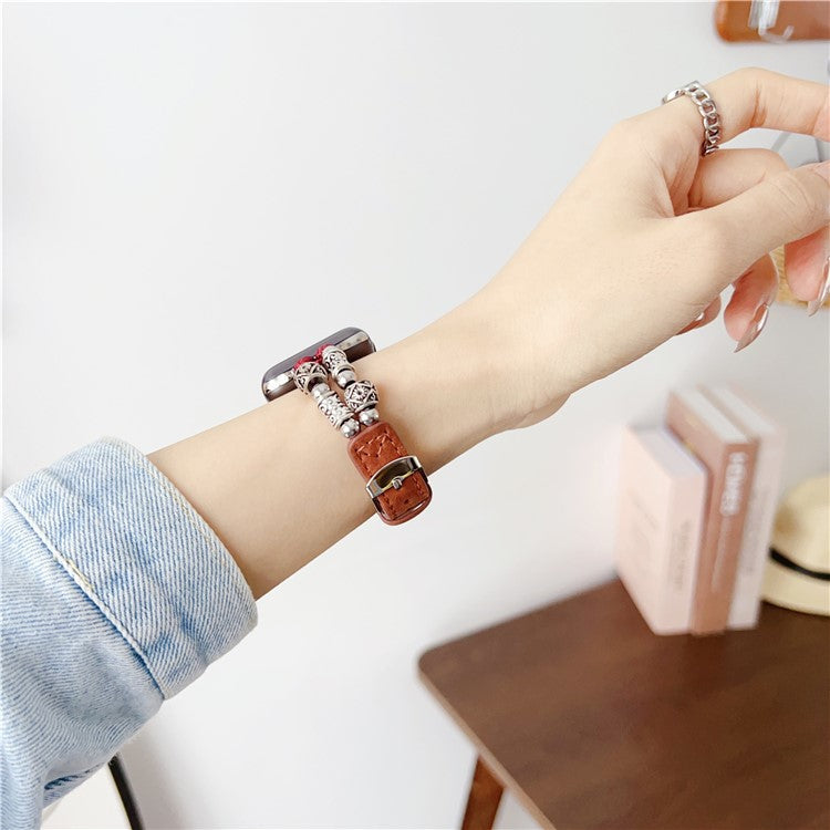 For Apple Watch Series 10 42mm / 9 8 7 41mm / SE (2023) SE (2022) SE 6 5 4 40mm / 3 2 1 38mm Leather Watch Band Beads Strap - Reddish Brown