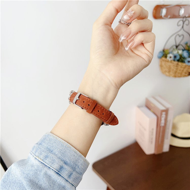 For Apple Watch Series 10 42mm / 9 8 7 41mm / SE (2023) SE (2022) SE 6 5 4 40mm / 3 2 1 38mm Leather Watch Band Beads Strap - Reddish Brown