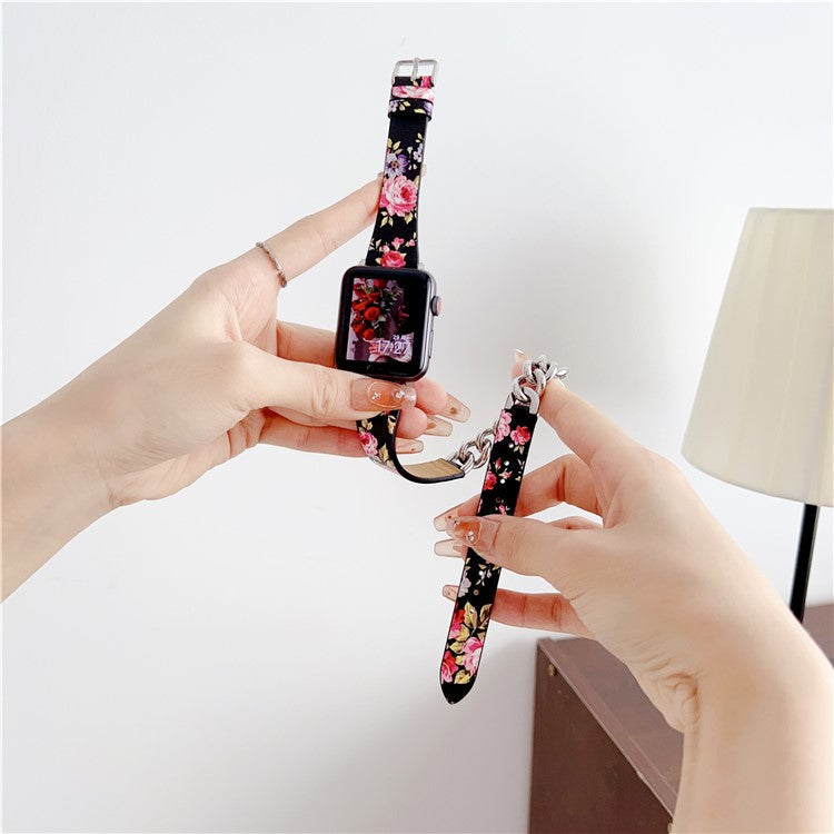 For Apple Watch 10 46mm / Ultra 2 / Ultra 49mm / 9 8 7 45mm / SE (2023) SE (2022) SE 6 5 4 44mm / 3 2 1 42mm Band Leather Strap - Rose Flower