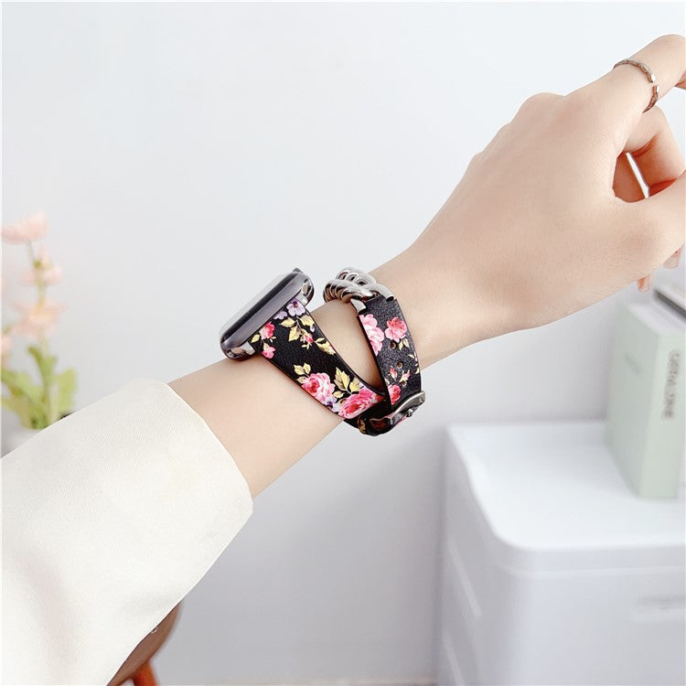 For Apple Watch 10 46mm / Ultra 2 / Ultra 49mm / 9 8 7 45mm / SE (2023) SE (2022) SE 6 5 4 44mm / 3 2 1 42mm Band Leather Strap - Rose Flower