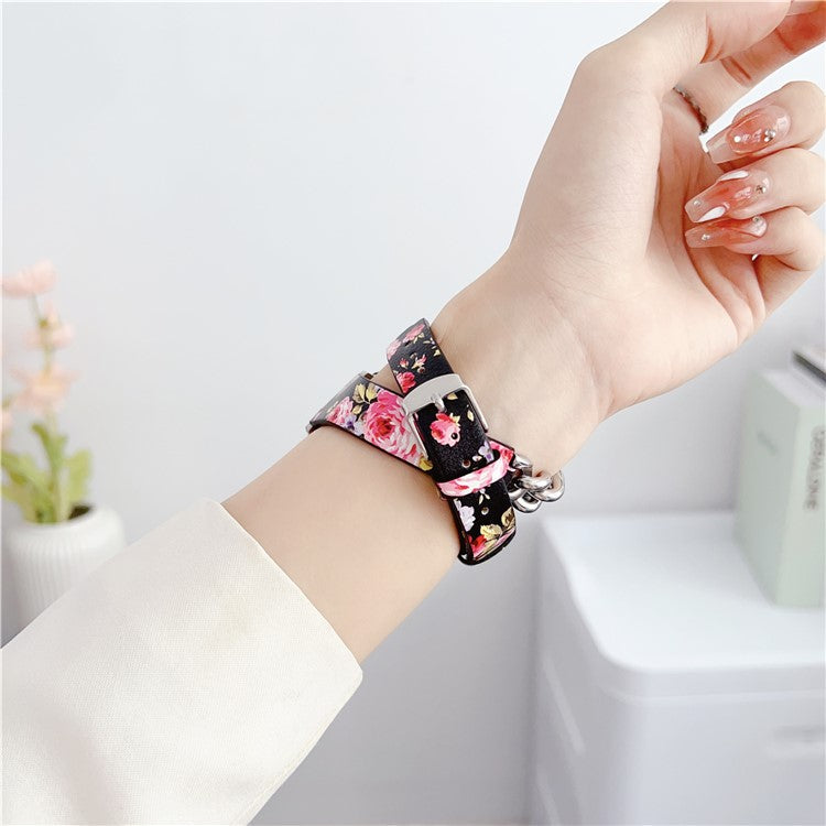 For Apple Watch 10 46mm / Ultra 2 / Ultra 49mm / 9 8 7 45mm / SE (2023) SE (2022) SE 6 5 4 44mm / 3 2 1 42mm Band Leather Strap - Rose Flower