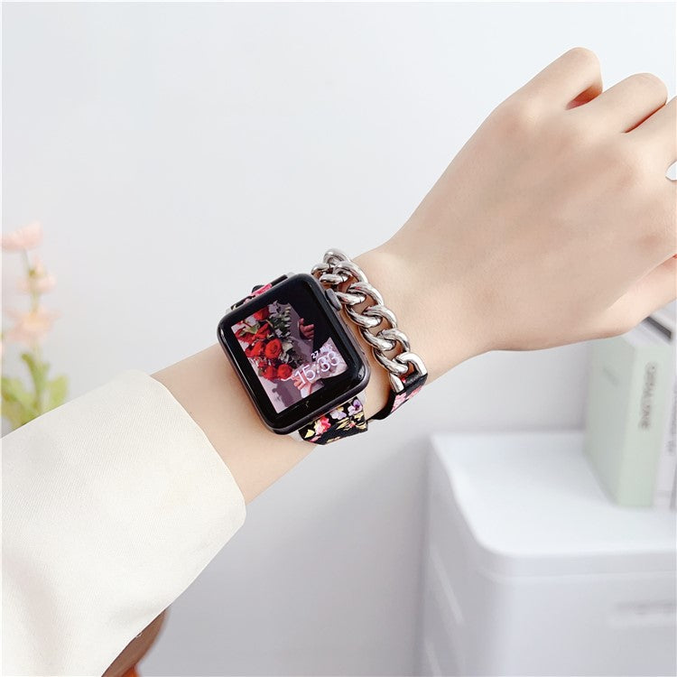 For Apple Watch Series 10 42mm / 9 8 7 41mm / SE (2023) SE (2022) SE 6 5 4 40mm / 3 2 1 38mm Leather Strap - Rose Flower